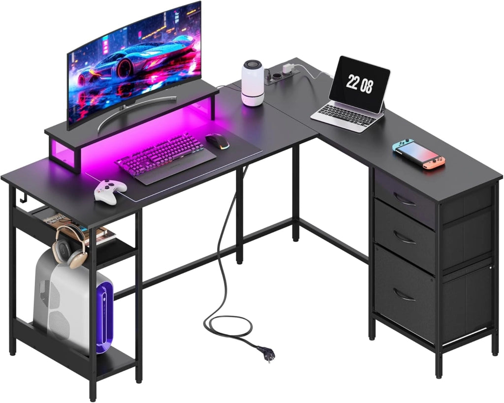 Scrivania Gaming Angolare L ¨C zephmum ¨C 142x118 cm, Nero, con Cassetti, Presa e USB