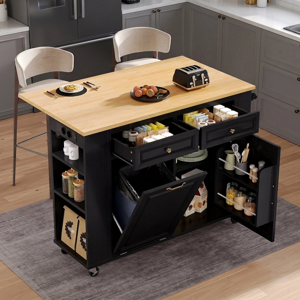 Isola Cucina Mobile Nera con Piano Estensibile 120 cm; Porta Rifiuti; Prese USB; Ruote e Ripiani Regolabili