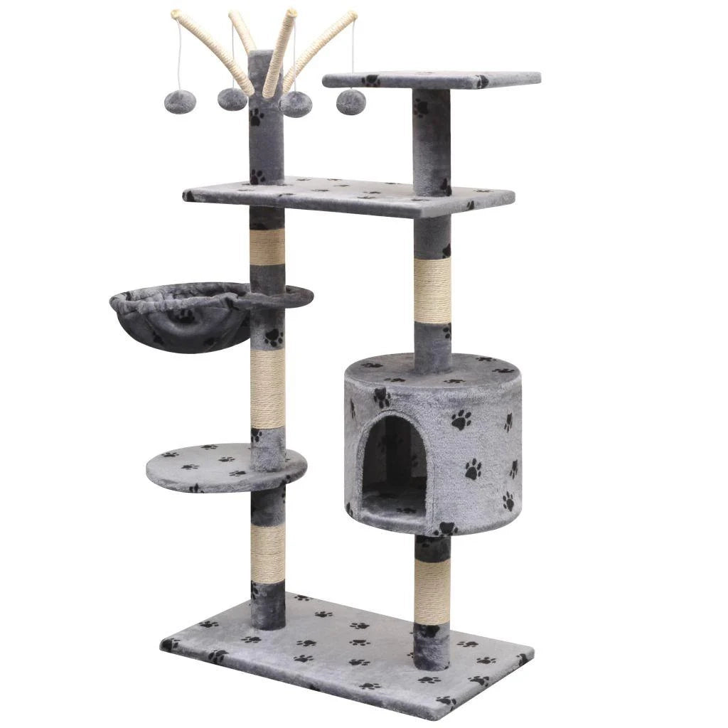 Tiragraffi albero per gatti cuccia per gatti giocattolo peluche e sisal 125 cm impronte di zampe grigio 3702113