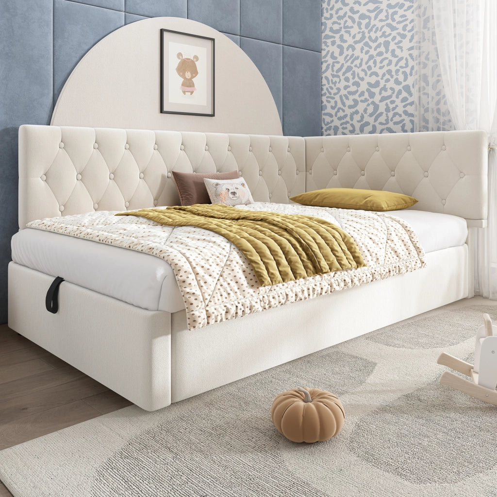 Letto imbottito con contenitore idraulico 90x200 cm in velluto beige; testiera reversibile