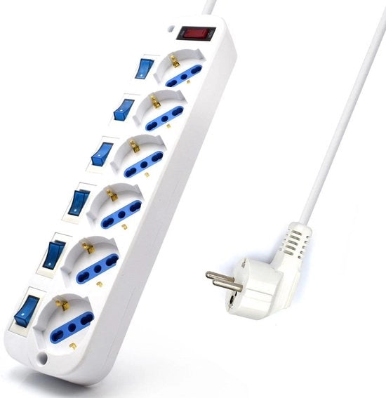 Cavo di estensione con scatola di prese multiple - 6 prese termostabilizzate italiane - prese Schuko tedesche - 250 V 2500 W - cavo da 15 metri con curva a 45 gradi