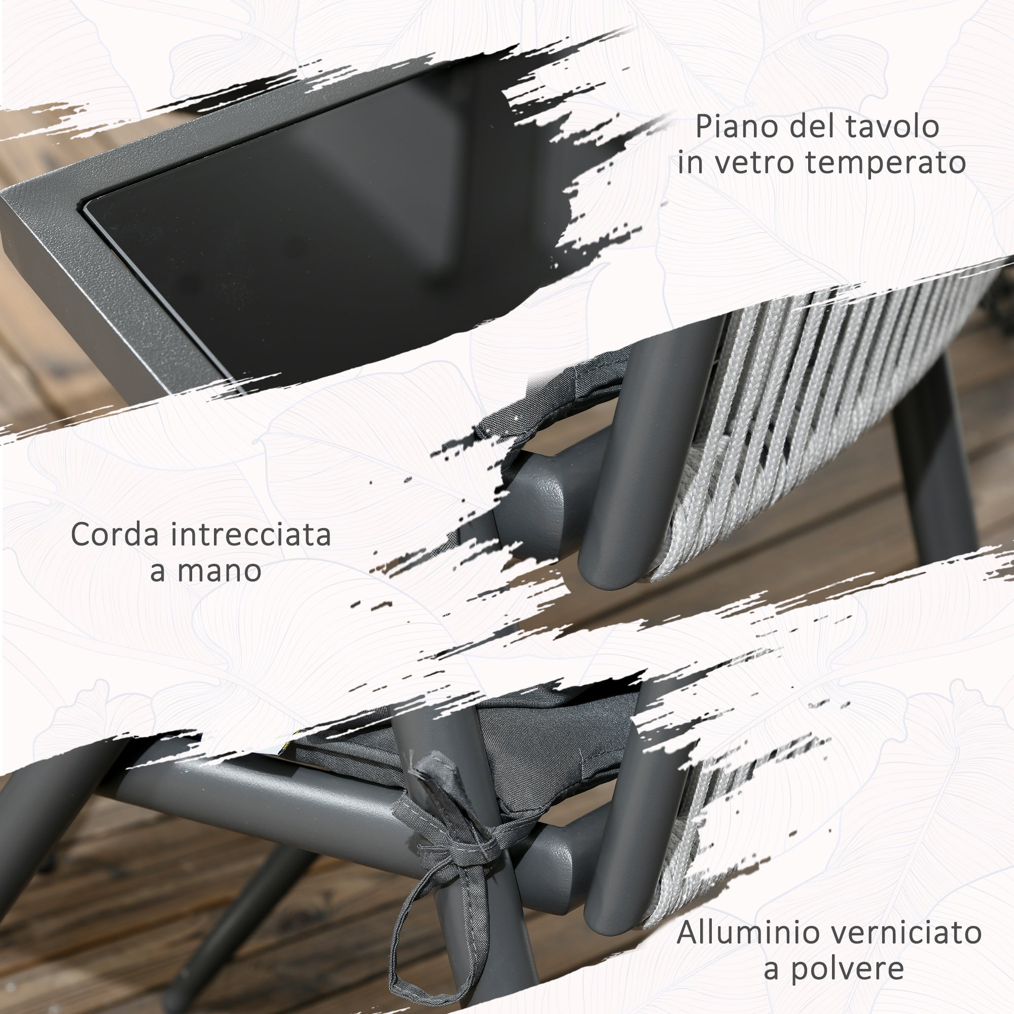 Set Tavolo con Piano in Vetro e 4 Sedie da Giardino in Alluminio e Poliestere Grigio Scuro