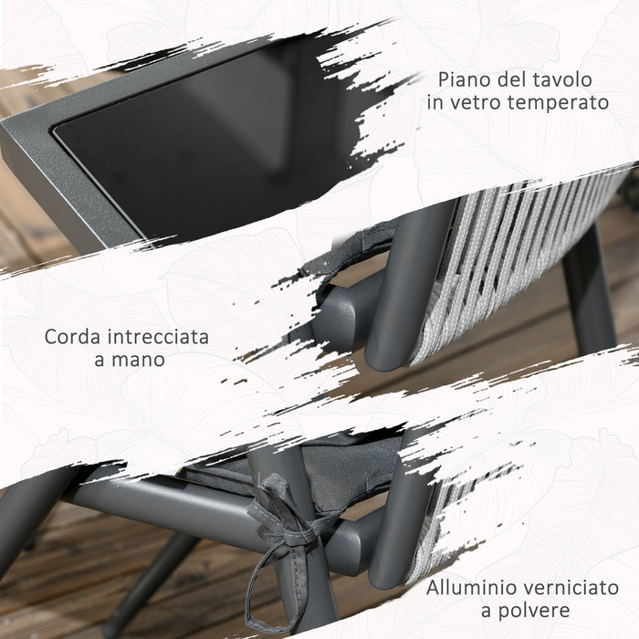 Set Tavolo con Piano in Vetro e 4 Sedie da Giardino in Alluminio e Poliestere Grigio Scuro