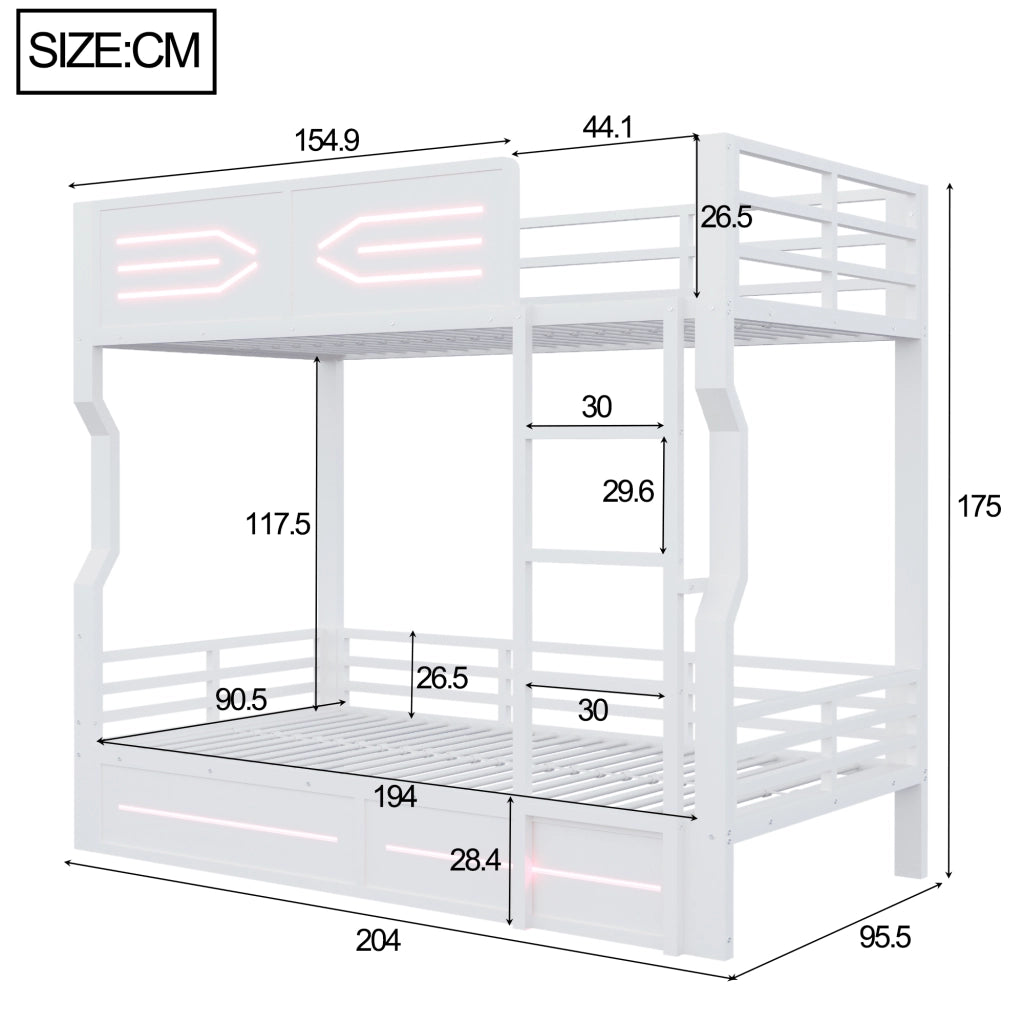 Letto a castello per bambini 90x200 cm con striscia LED; linee moderne e parapetti alti; metallo bianco
