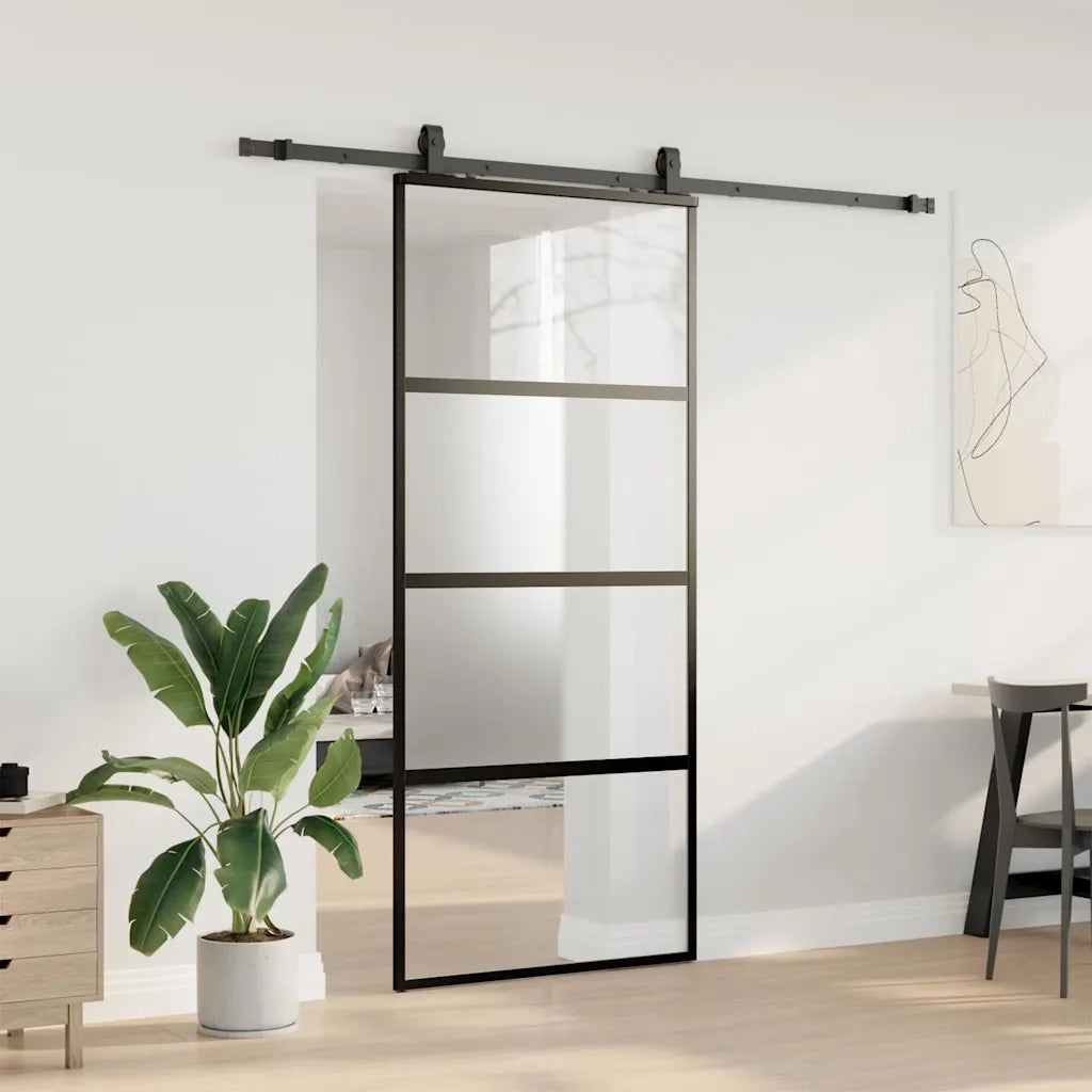 Porta Scorrevole Set Ferramenta Nera 90x205 cm Vetro Temperato 3375970