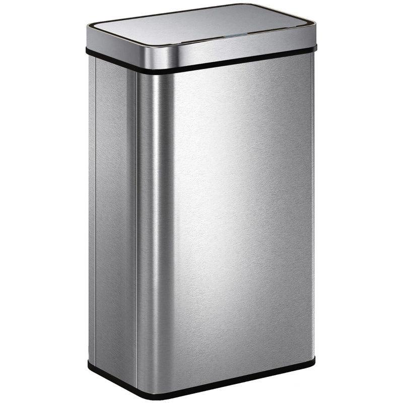 Pattumiera da 60 litri con sensore di apertura, coperchio automatico, in acciaio inox, versatile, colore argento.