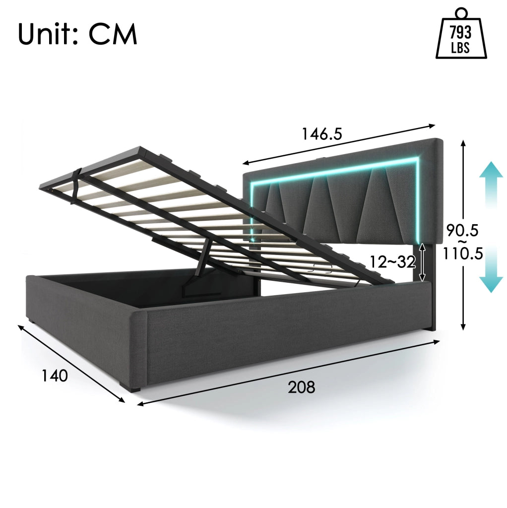Letto matrimoniale 140x200 cm con LED; USB e Type-C; contenitore; in lino grigio