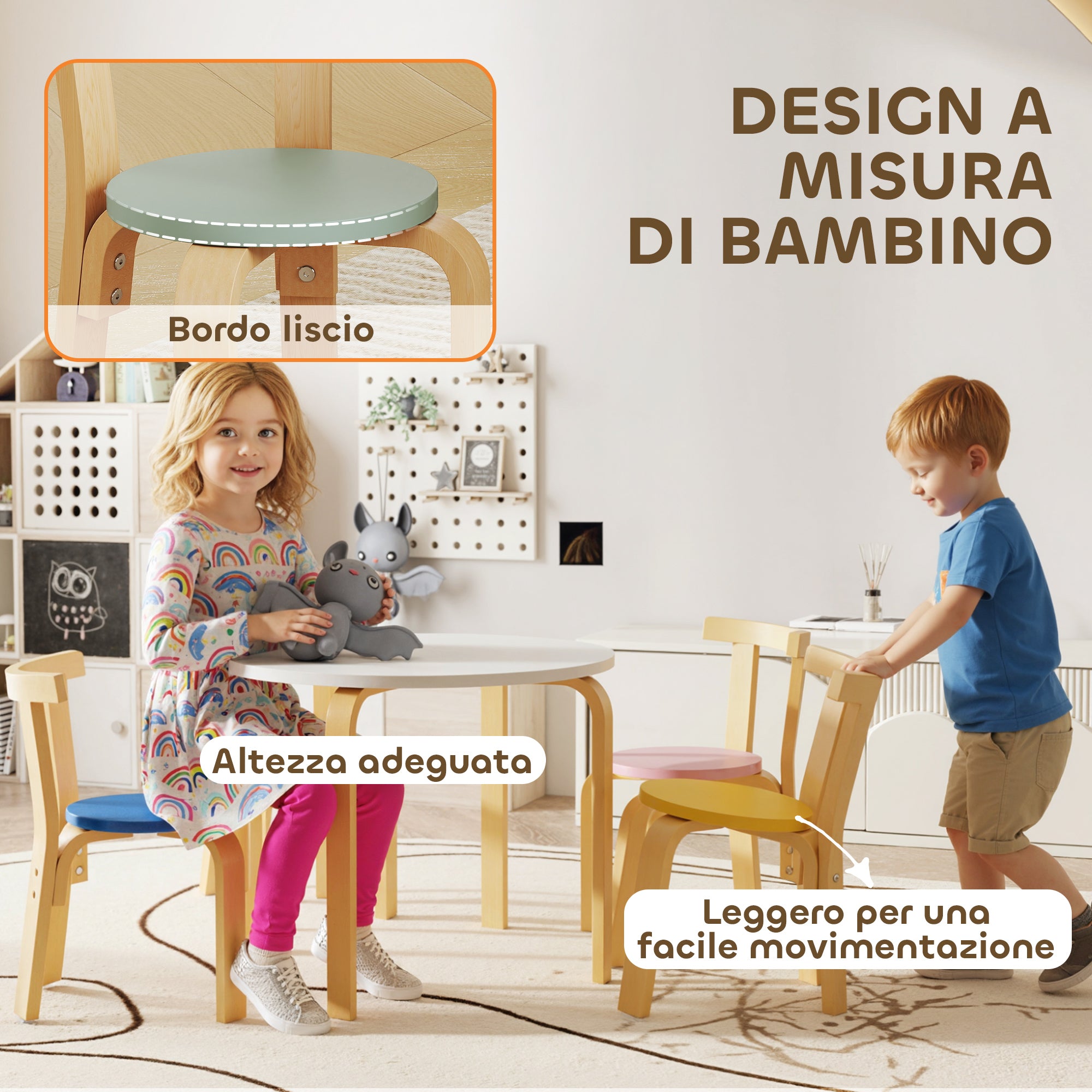Set Tavolo e 4 Sedie per Bambini 3-8 Anni con Bordi Arrotondati in Legno Multicolore