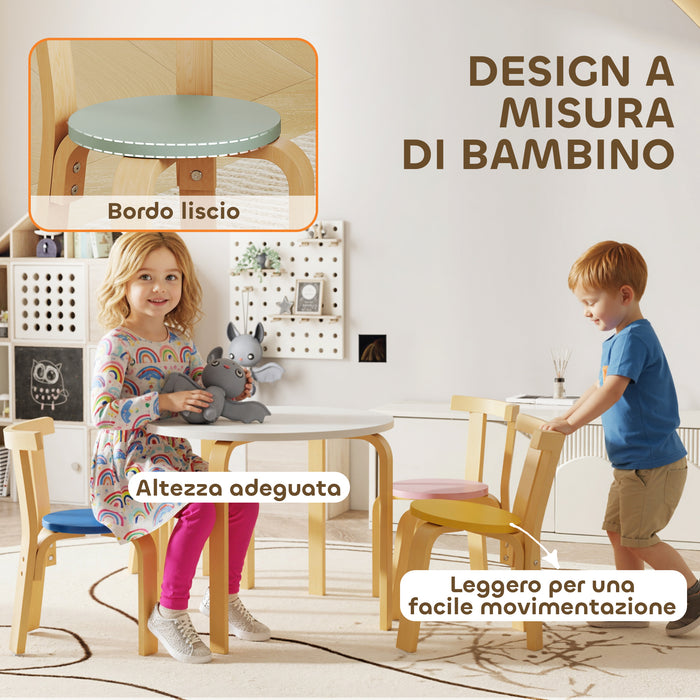 Set Tavolo e 4 Sedie per Bambini 3-8 Anni con Bordi Arrotondati in Legno Multicolore