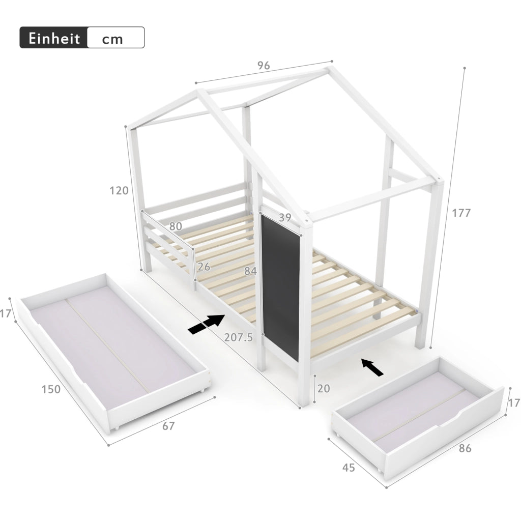 Letto a Casetta per Bambini 90x200 cm Bianco con Lavagna, Cassetti e Rete