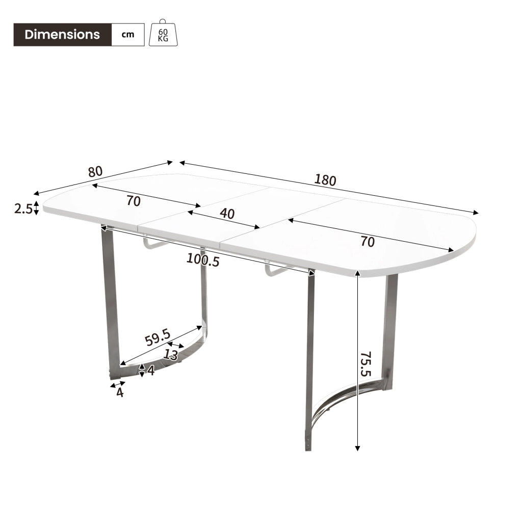Tavolo da pranzo allungabile con struttura stabile, stile classico, per 4-6 persone, bianco e gambe argentate