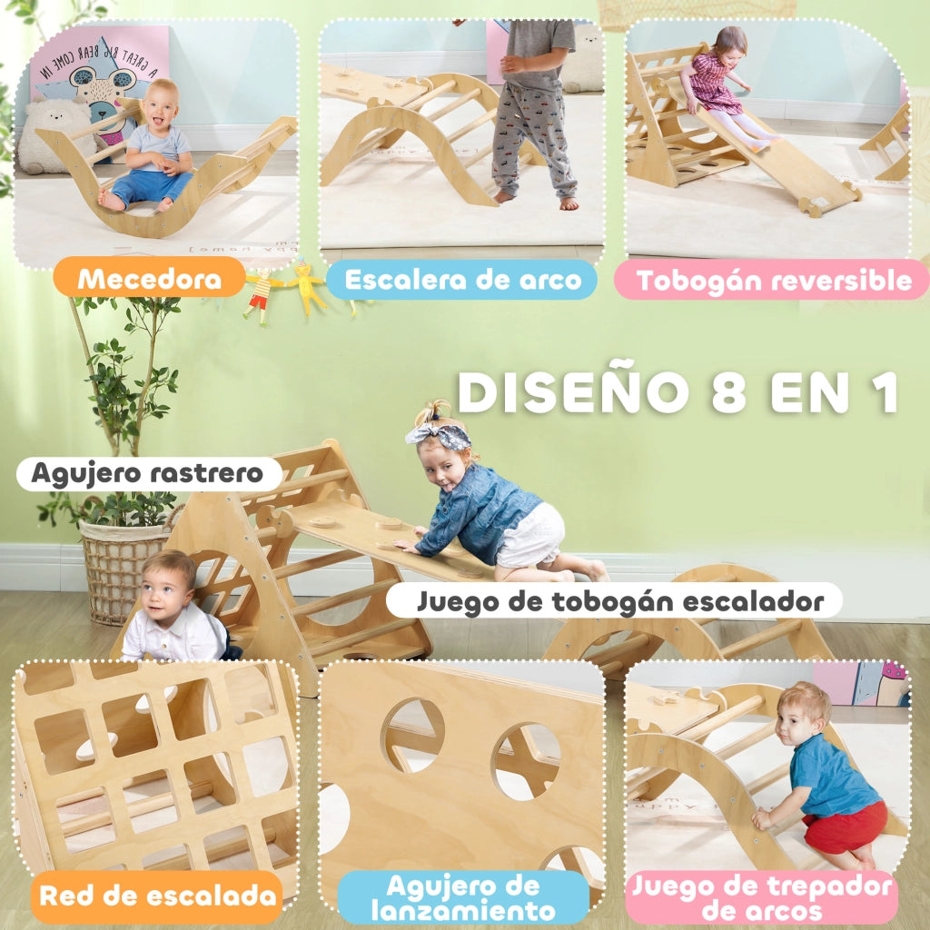 Letto a Soppalco per Bambini con Rampa e Sacco Sabbia 8 in 1 ¨C zephmum ¨C 175x59.5x60 cm Legno Naturale