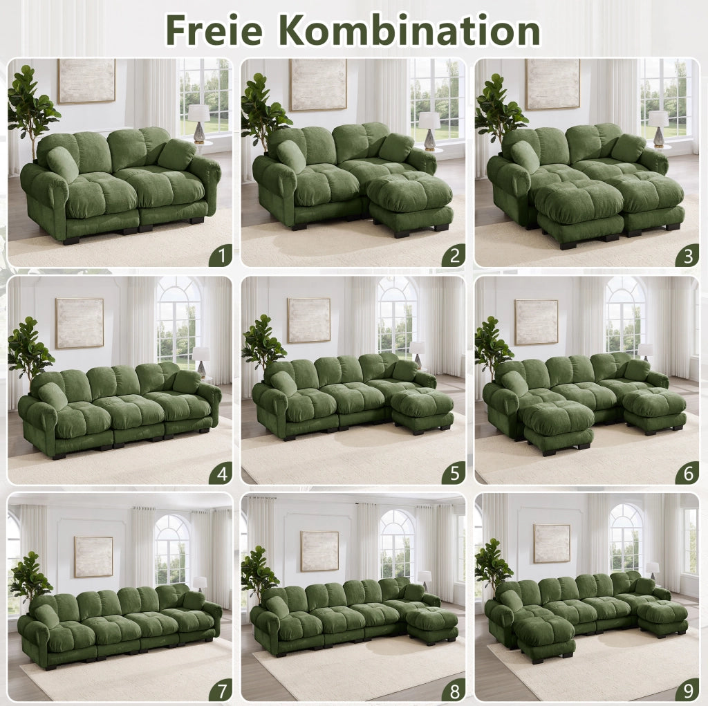 Divano modulare 2 posti 190x149x90 cm in ciniglia con cuscino mobile; verde