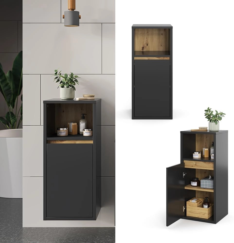 Mobiletto bagno Viola, Antracite, 33 x 80 cm, per montaggio a parete con vani a giorno e vani chiusi