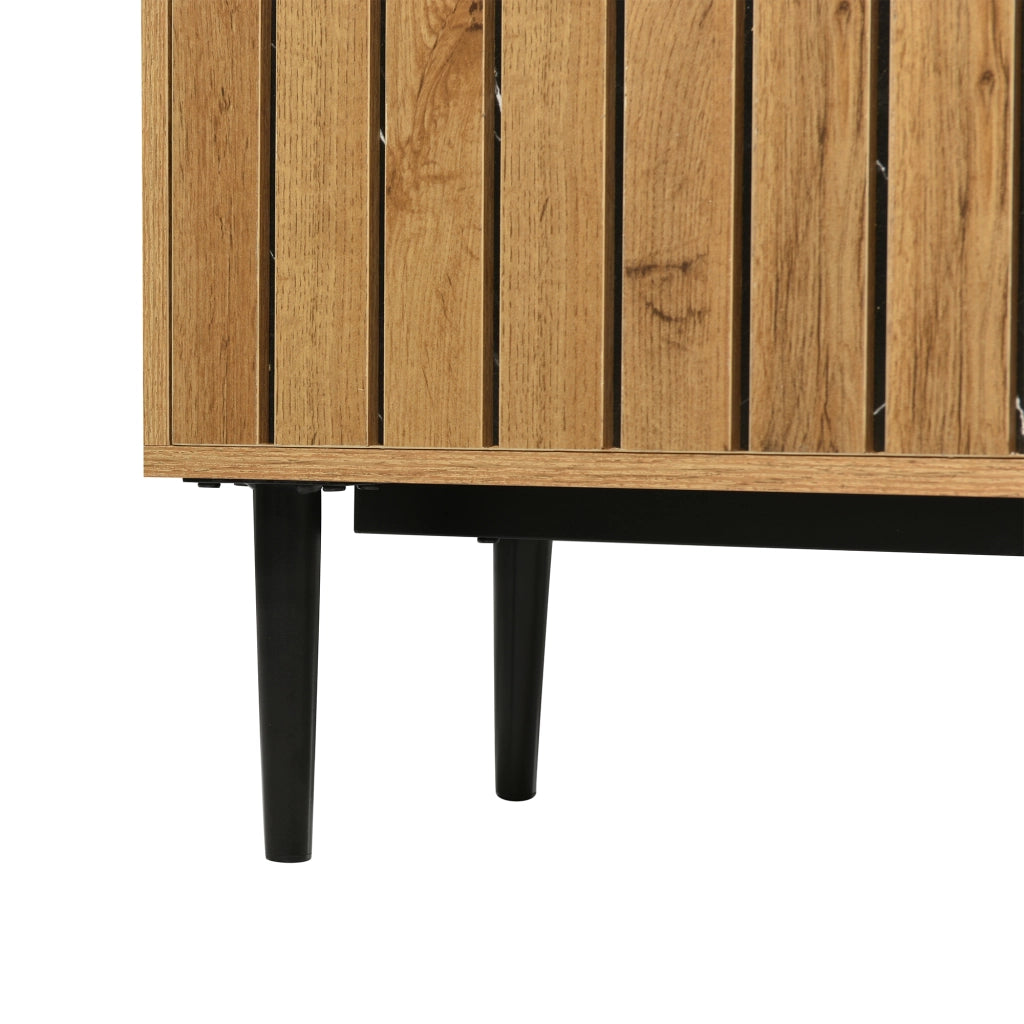 Mobile TV; design marmo e venatura legno; bordo in PVC; gambe in ferro; MDF; colore naturale