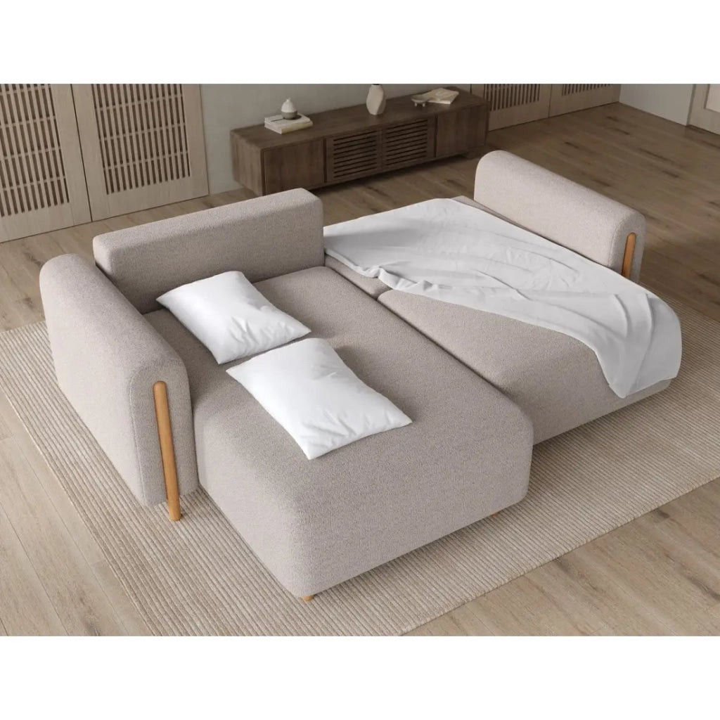 Divano ad angolo convertibile ARVESSA beige in ciniglia - Angolo sinistro con contenitore