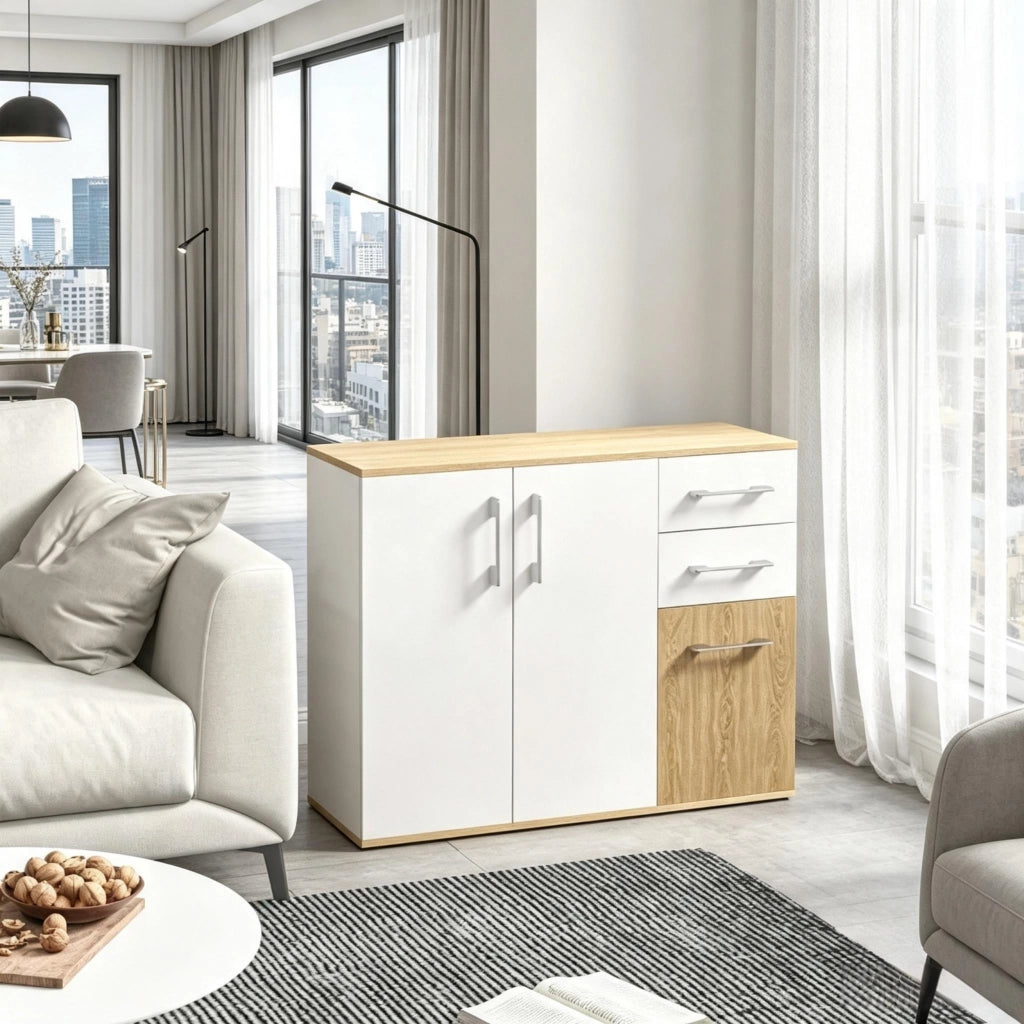 Sideboard moderno con 2 cassetti e armadietti, mobile contenitore 90 x 30 x 75,5 cm, bianco e naturale