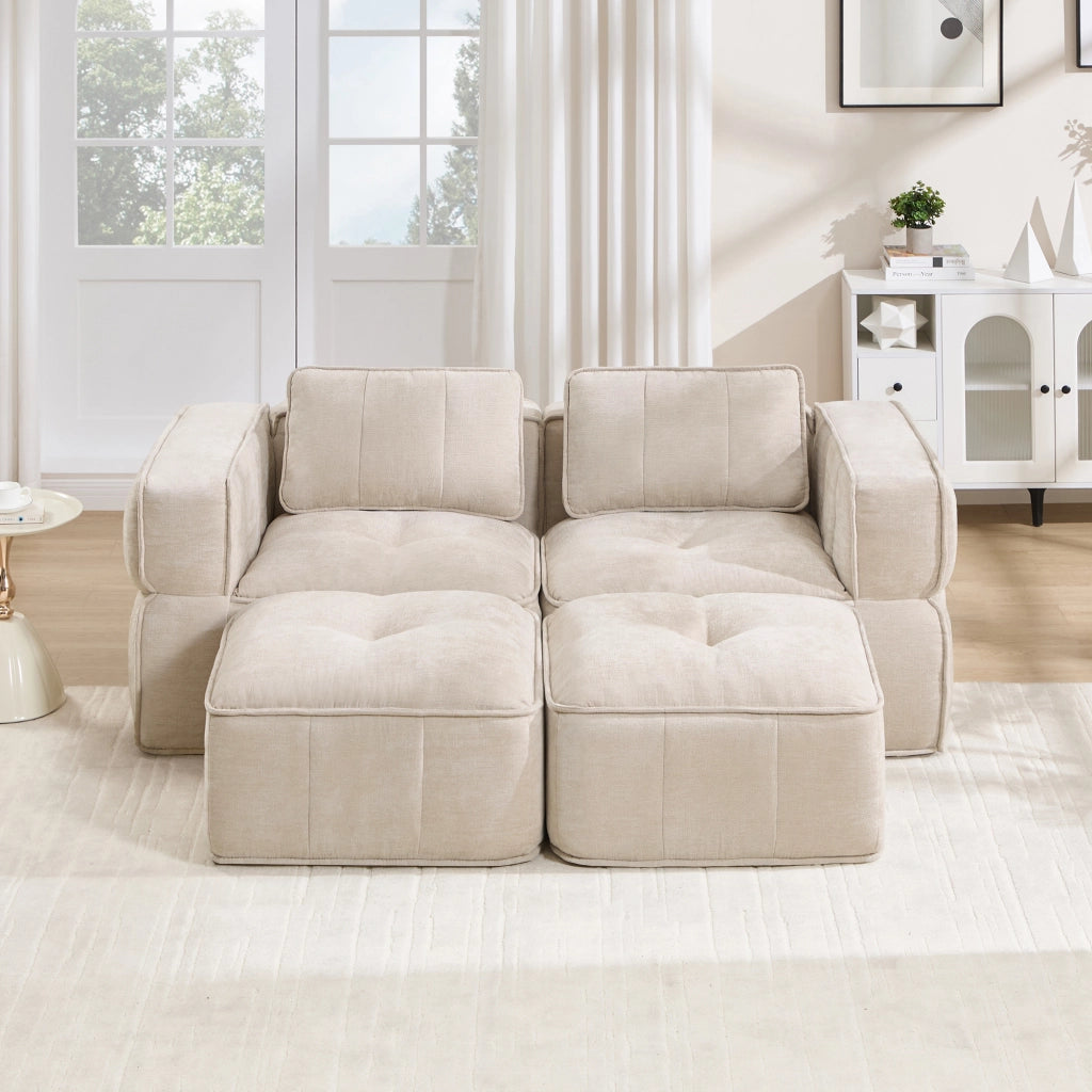Divano modulare angolare 2 posti - con pouf e seduta profonda - in poliestere - beige