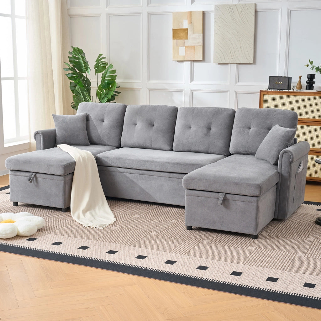 Divano panoramico a U 4-5 posti con funzione letto e contenitore con cuscini in chenille grigio