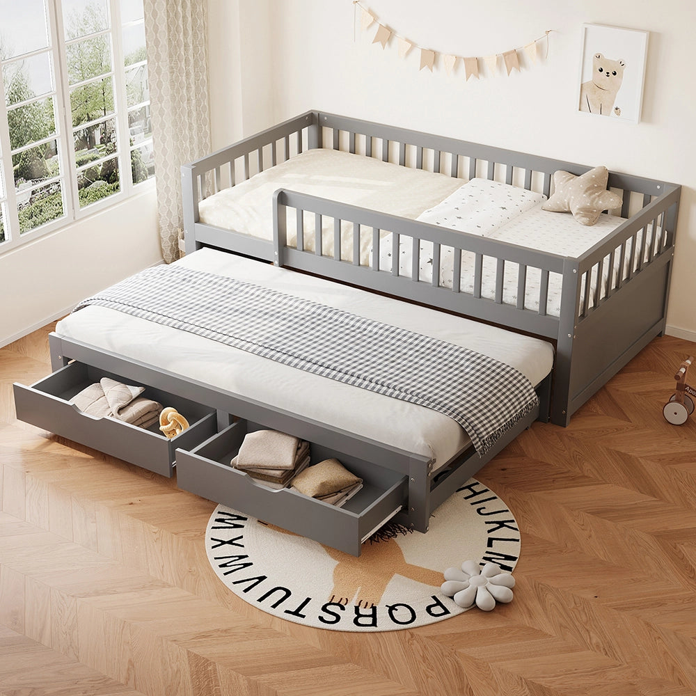 Divano letto-Xylo-90x200 cm-barriera, 2 cassetti, pino grigio