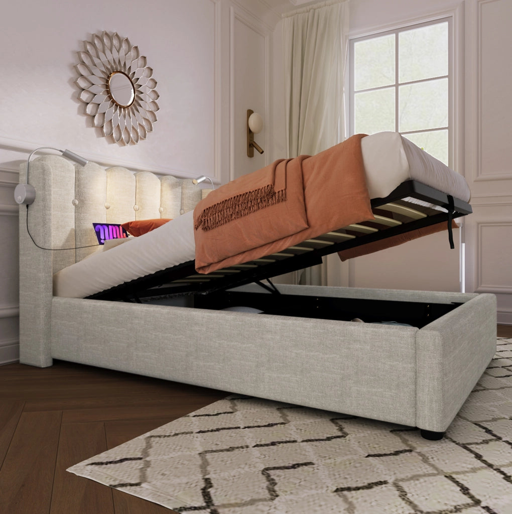 Letto singolo contenitore 90x200 cm beige con LED USB