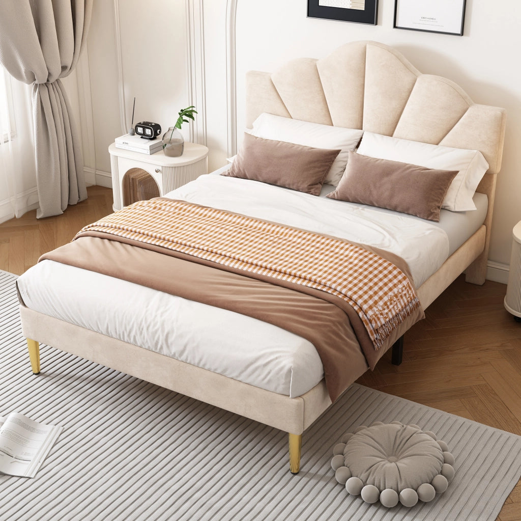 Letto imbottito 140x200 cm in velluto con testiera regolabile e rete a doghe; beige