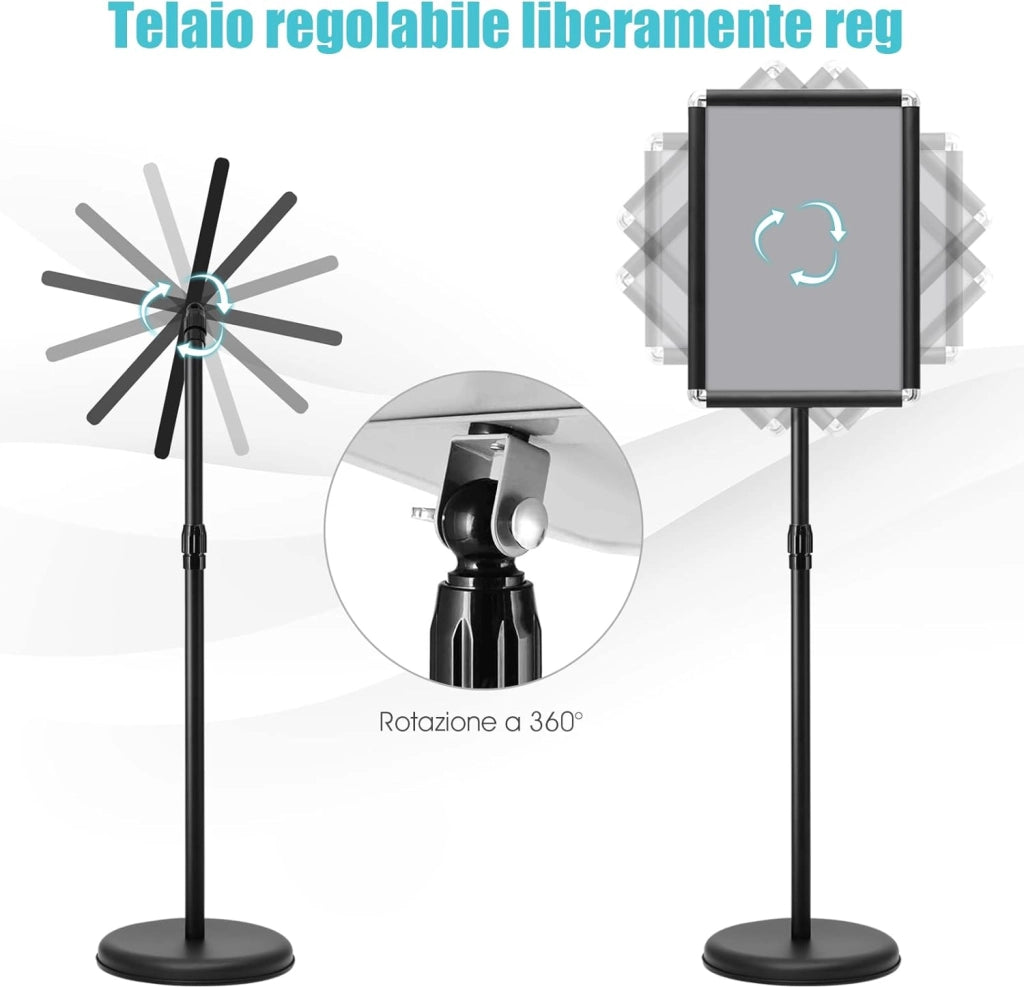 Set 2 Pezzi Supporto Poster Menù Stand per Pubblicità da Terra in Metallo, Girevole e Regolabile in Altezza, A4 / A3 (A3 Nero x 2)