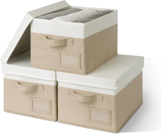 Cassetti di Stoccaggio con Copritappi - Set da 3 Organizzatori di Tessuto Ripiegabili per Abbigliamento e Oggetti di Casa - Spaziosi e Stivabili