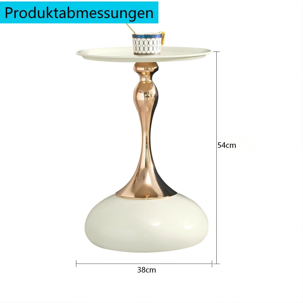 Tavolino basso rotondo con base in metallo, per soggiorno e camera da letto, bianco e oro, per piccoli spazi, 38 cm
