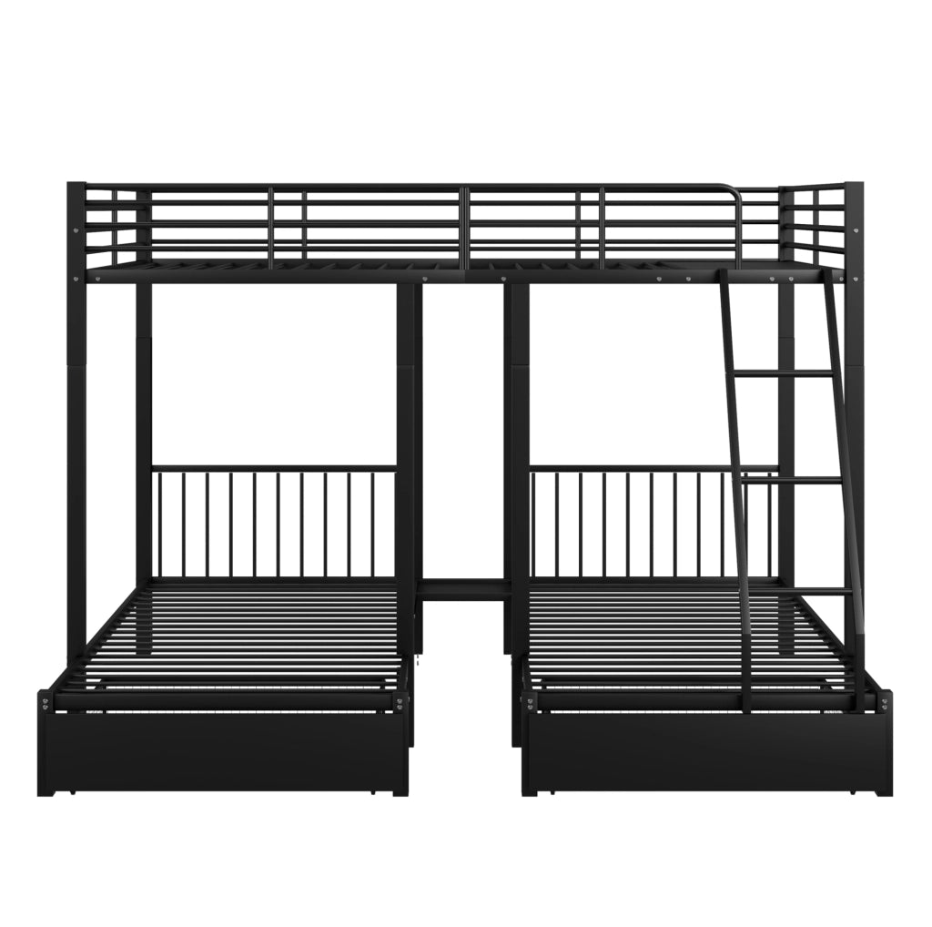 Letto a castello triplo trasformabile con cassetti; 140x200 cm + 2 letti 90x200 cm; metallo nero