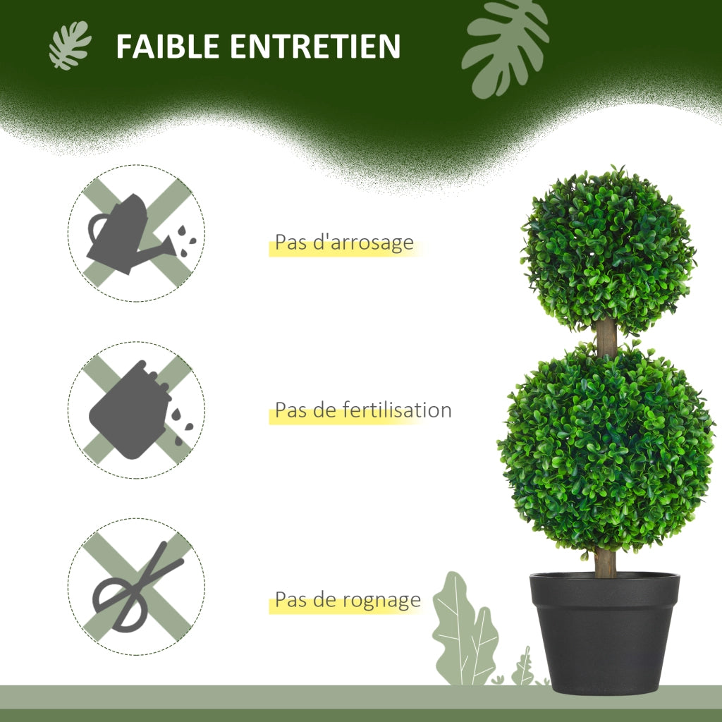 Set da 2 Bosso Artificiale a Doppia Sfera con Tronco e Vaso, Piante Finte Altezza 60 cm, Verde per Interno ed Esterno