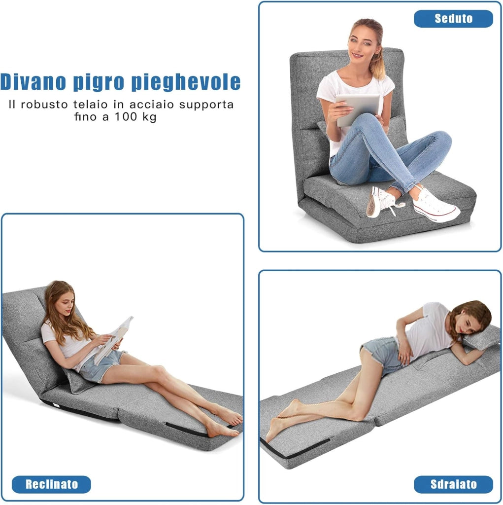 Sedia Pieghevole da Pavimento Portatile, 5 Angoli Regolabile, Cuscino da Seduta con Cuscino per la Schiena, Ideale per Soggiorno Camera da Letto (Grigio)