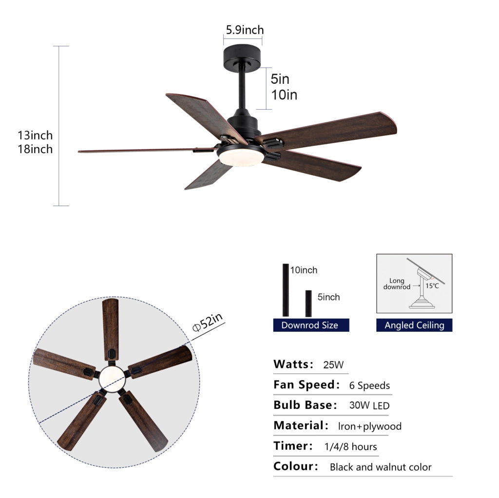 Ventilatore da soffitto da 52 pollici con luce LED dimmerabile; nero e noce scuro; metallo e legno