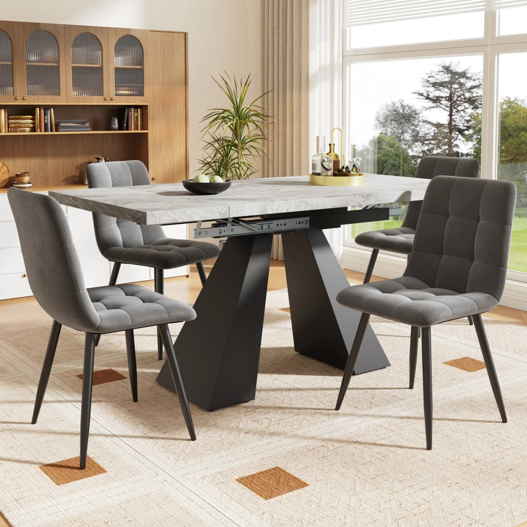 Tavolo da pranzo allungabile con 4 sedie, piano effetto marmo, in MDF e metallo, nero e grigio, 99-159 × 74 × 77 cm