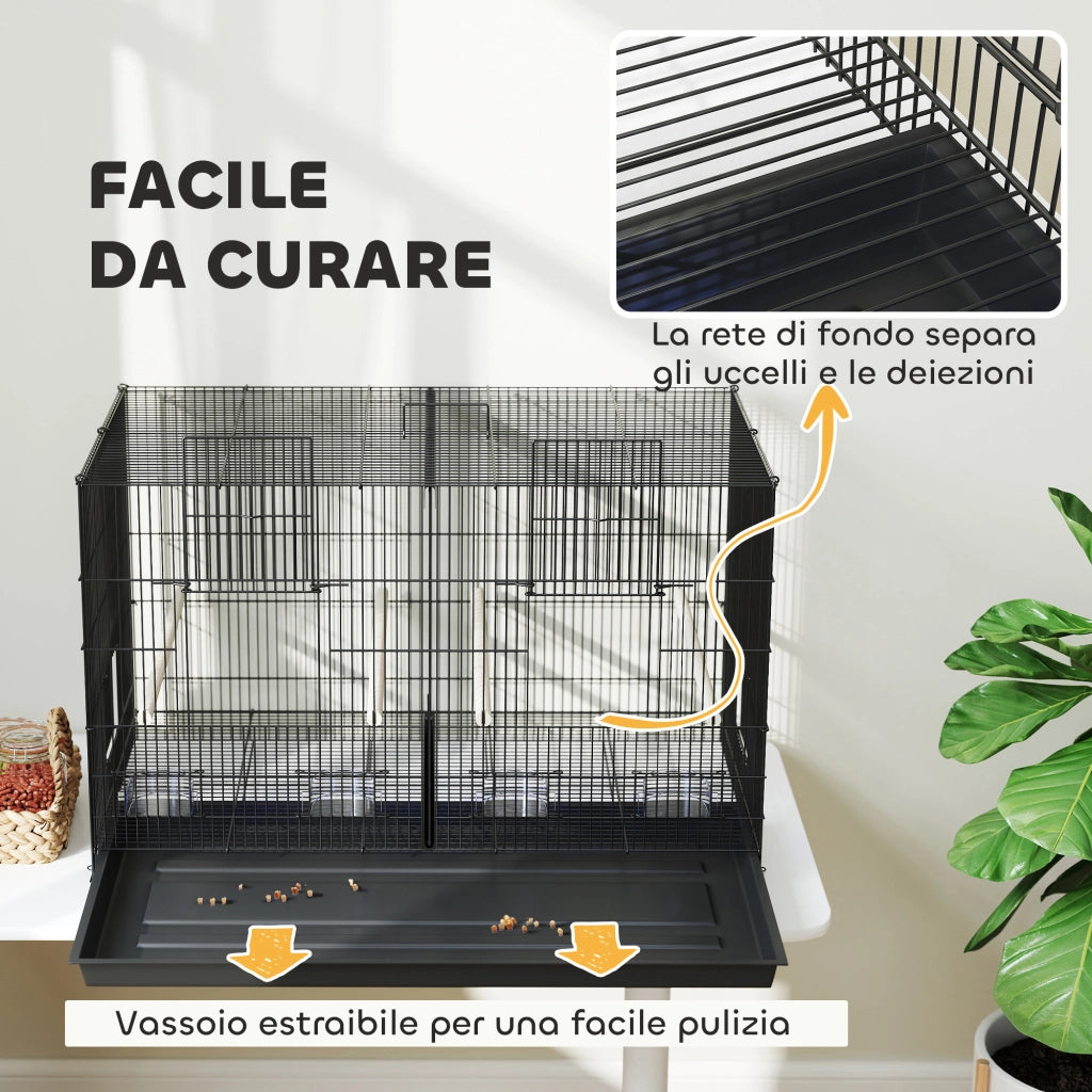 Gabbia per Uccelli con Divisorio e Ripiano Inferiore Portaoggetti, in Acciaio e PP, 94x57x57 cm, Nero