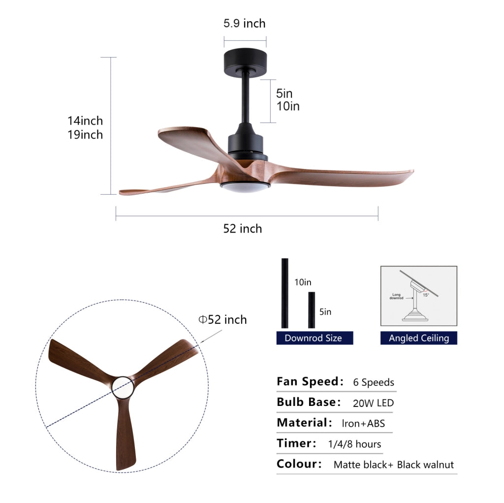 Ventilatore da soffitto con luce 52" a 3 pale ABS, motore DC reversibile, nero e noce scuro