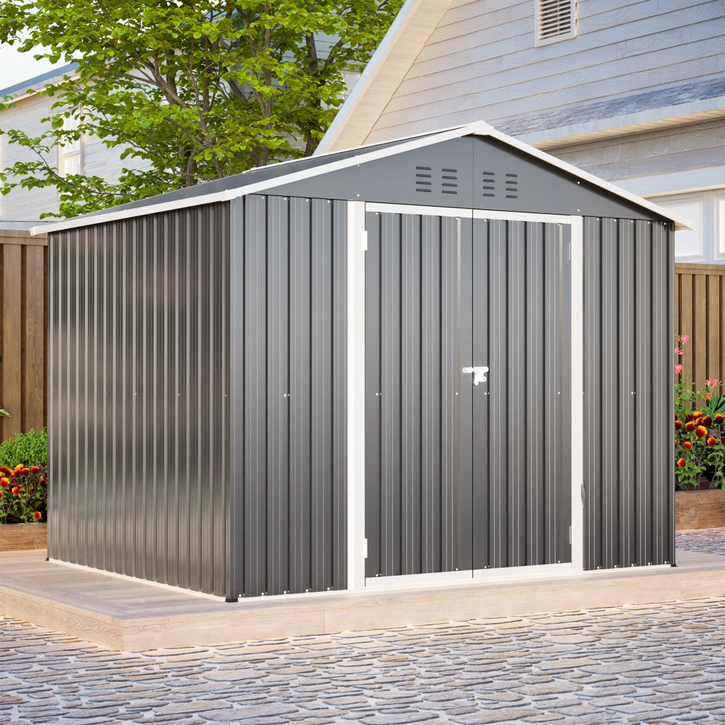 Casetta da giardino in metallo con porta a ribalta e prese d’aria, grigio, 229,4 × 180 × 192,3 cm