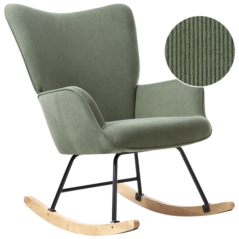 Poltrona a dondolo Verde Jumbo Corda Tappezzeria Metallo Gambe nere Confortevole Ampio schienale e braccioli Soggiorno Camera da letto