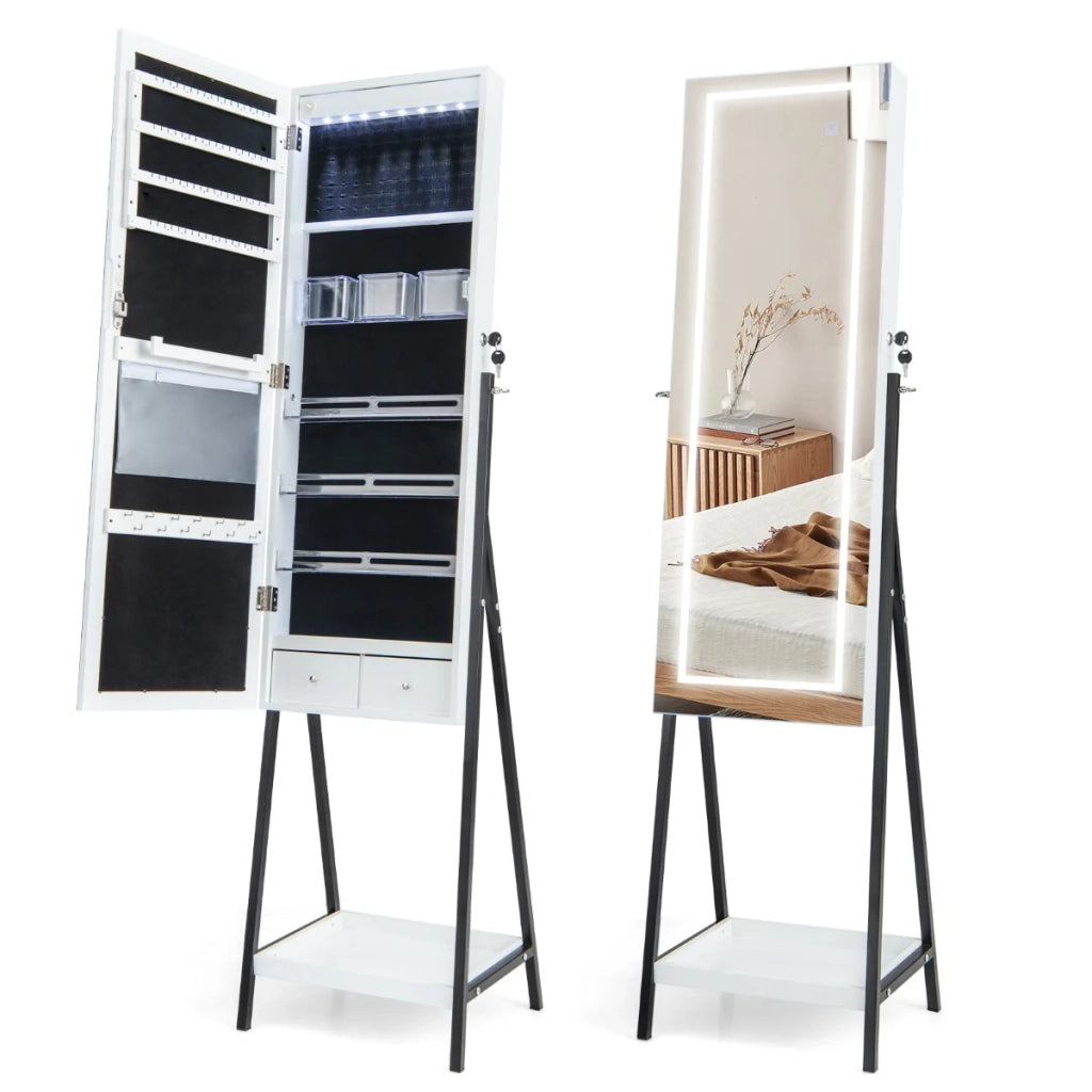 Mobiletto portagioie con specchio 41 x 35 x 160 cm 72 scomparti illuminazione LED regolabile stile moderno MDF bianco 20_0020786