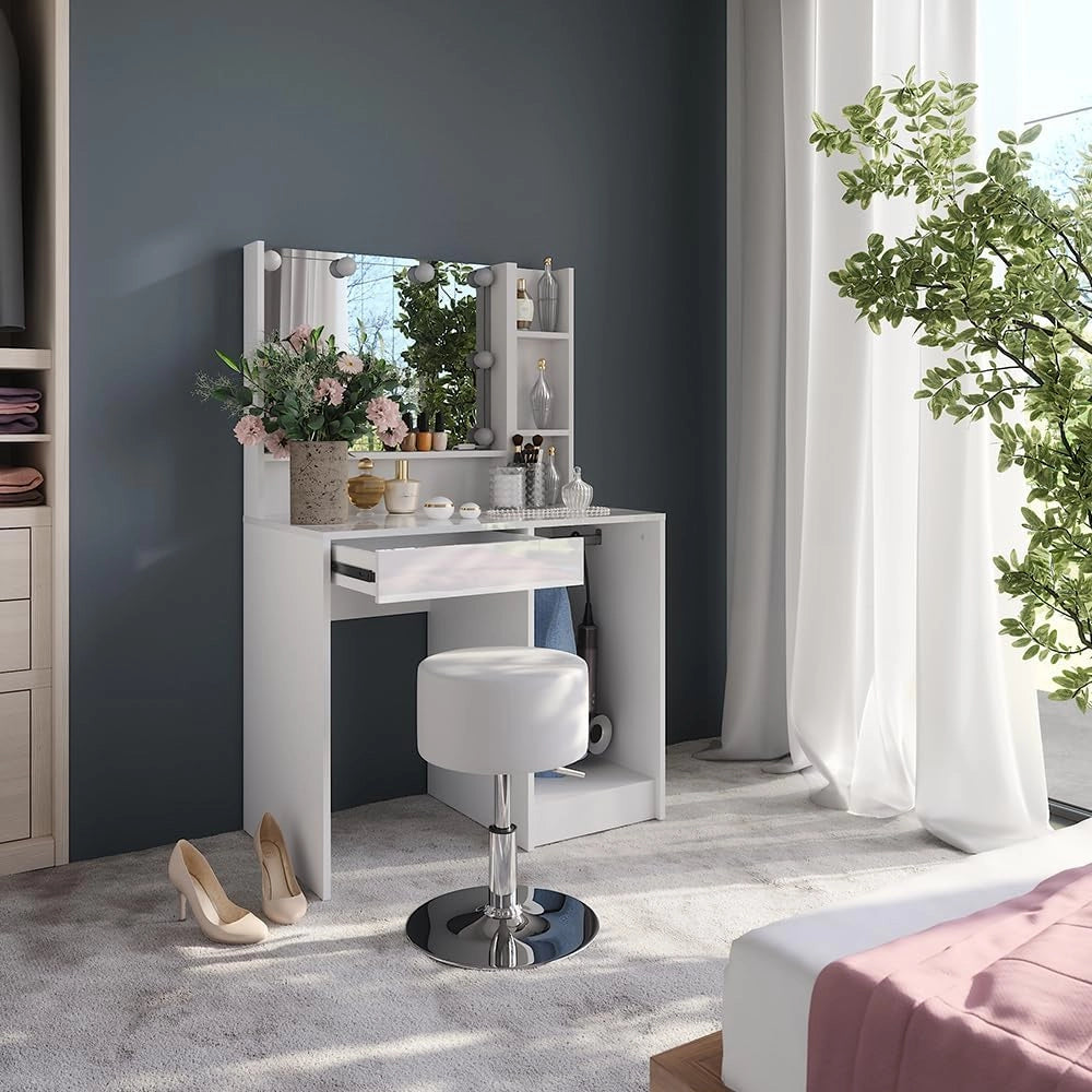 Tavolo da toeletta Sherry, Bianco/bianco lucido, 89.8 cm 5 parti