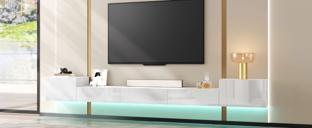 Mobile porta TV sospeso con LED app, 2 ante a battente e 3 ribalta, per soggiorno, bianco, 245 × 30 × 26 cm