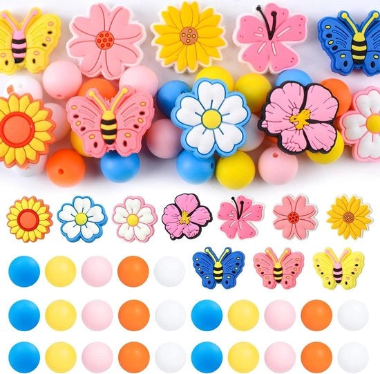 Kit di accessori per gioielli in silicone con tema farfalla e fiori, con 35 pezzi, spaziatori e accessorio per DIY.