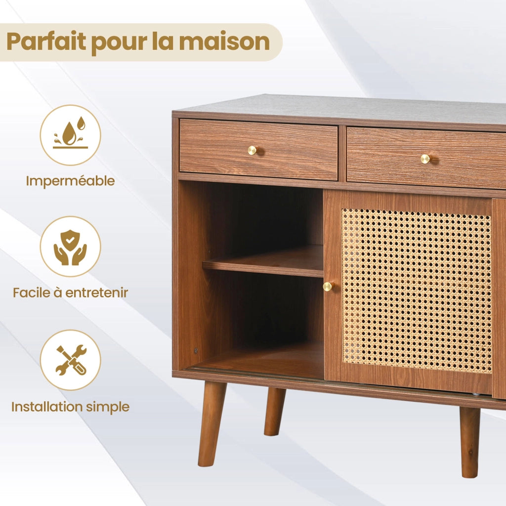 Credenza con 3 Cassetti e 3 Ante Scorrevoli; Frontali in Rattan; Ripiani Regolabili; in MDF; 120??40??78 cm; Noce