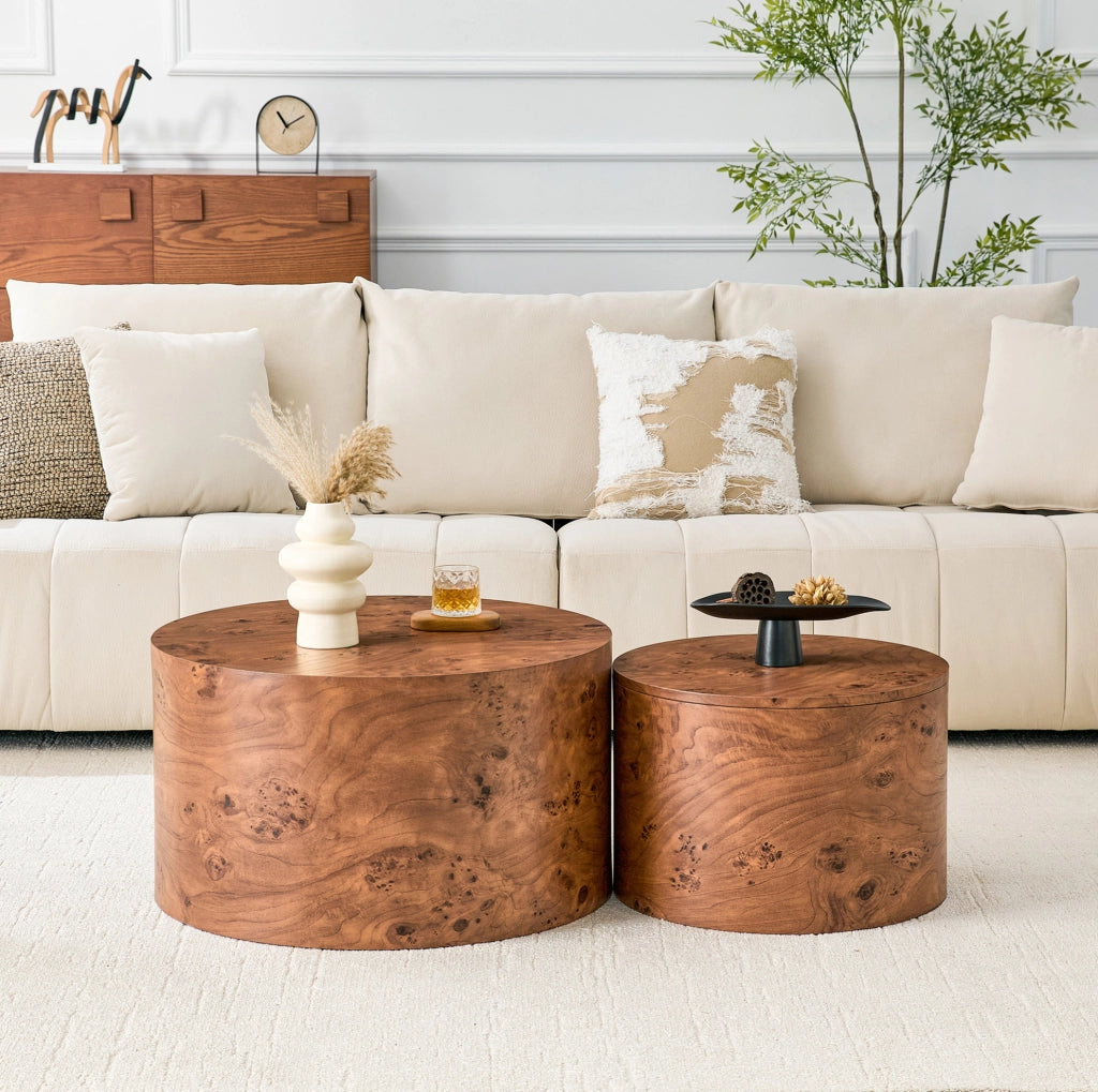 Set 2 tavolini rotondi nesting in MDF marrone con vano contenitore