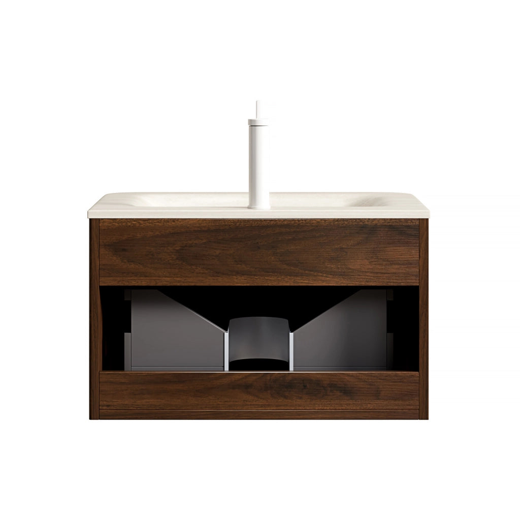 MOBILE BAGNO con lavabo integrato in pietra sinterizzata Beige e Noce