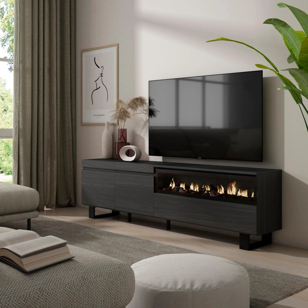 Mobile TV, 200x35x57cm, soggiorno, Per TV fino a 80", Camino elettrico, Design industriale, Nero RF2194