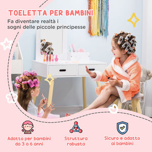 Toeletta Trucco per Bambine Consolle e Sgabello Bianco e Colore Legno