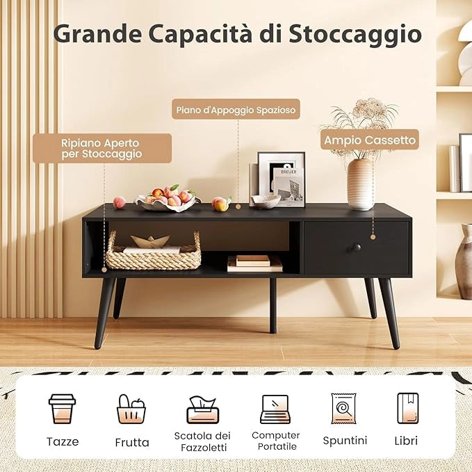Tavolino da Salotto Rettangolare Design Moderno, Tavolino da Caffè con Cassetto e Mensola Inferiore, Tavolino Basso da Divano con Gambe in Metallo per Soggiorno, 109 x 55 x 42 cm (Nero)