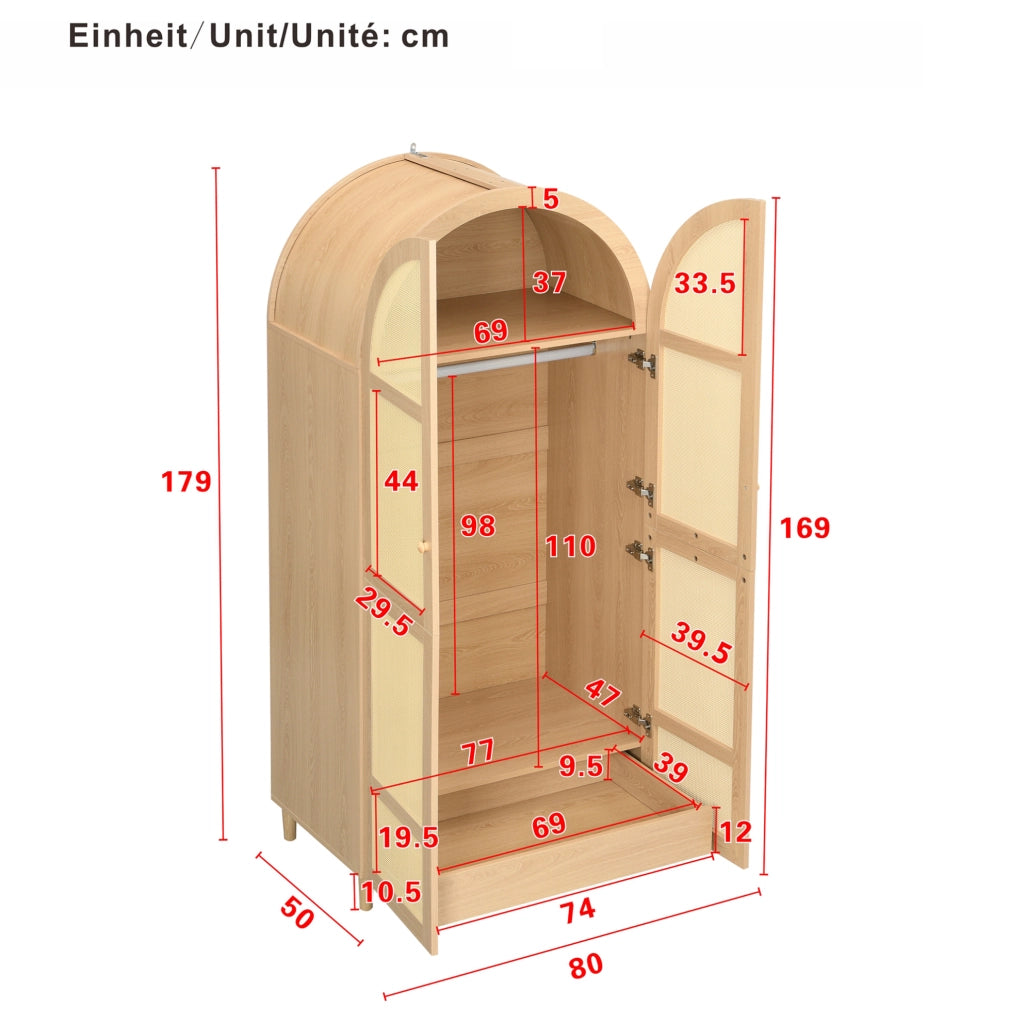 Armadio con ante curve; asta appendiabiti e cassetti; 80x50x179 cm; naturale