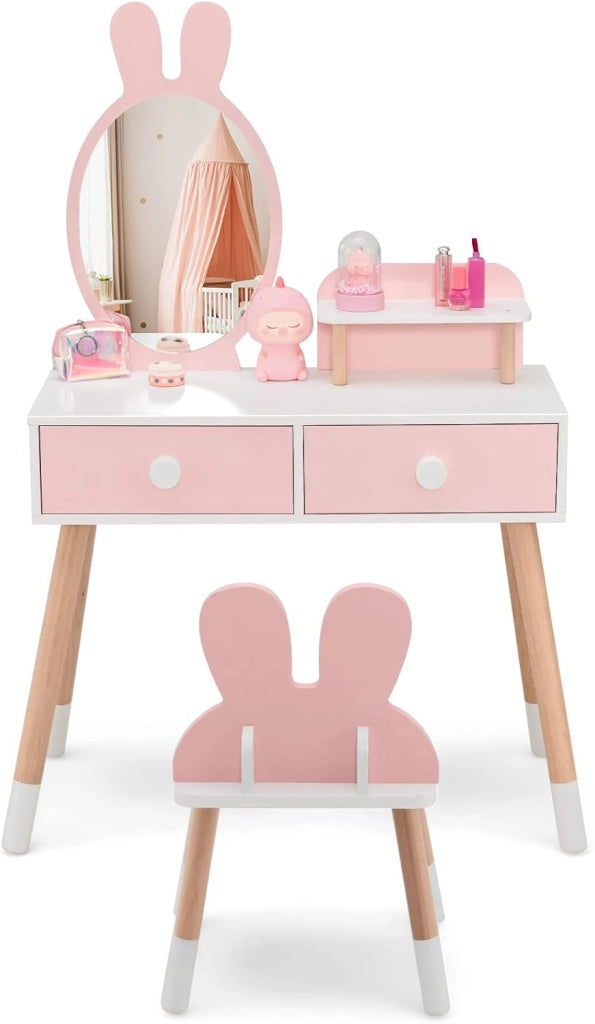 Toeletta Trucco 2 in 1 per Bambina, Specchiera a Forma di Coniglio Staccabile per Ragazza in Legno con Sgabello, Ripiano e 2 Cassetti, Postazione Trucco, 78 x 37 x 110cm (Bianco)